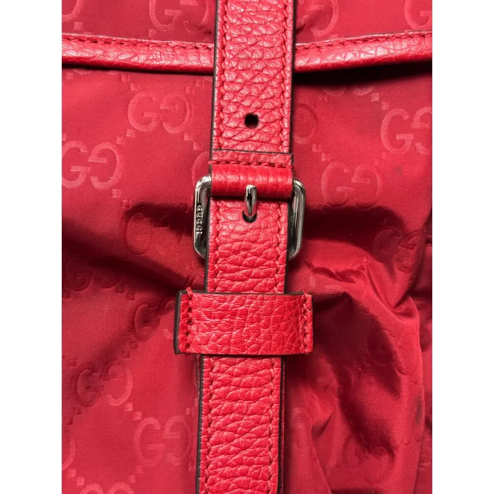 Gucci Red Nylon Monogram Double Buckle Flap Messenger Bag